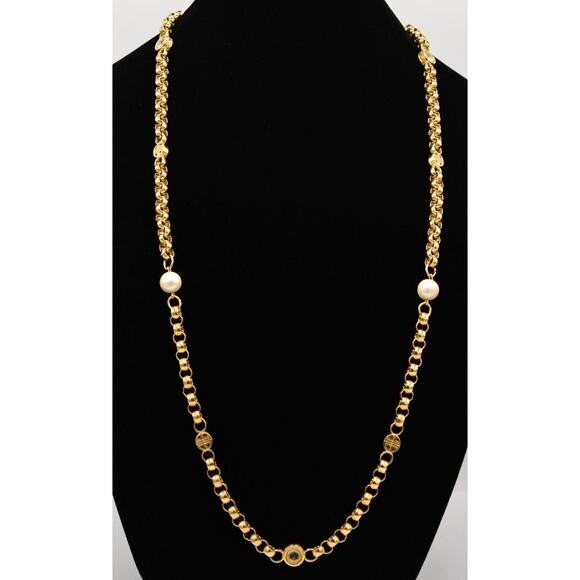 Givenchy Vintage Logo Chain Necklace Pearl Crystal Gold Chunky Signed 80s Bin4A - Picture 1 of 12